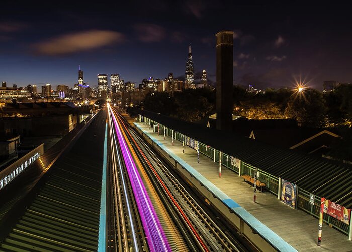 Chicago Greeting Card featuring the photograph Chicago skyline and train lights by Sven Brogren
