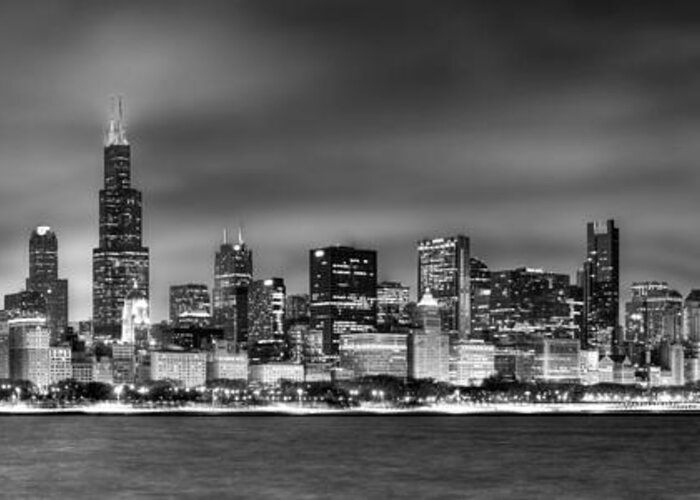 Chicago Skyline Greeting Card featuring the photograph Chicago Skyline at NIGHT black and white by Jon Holiday