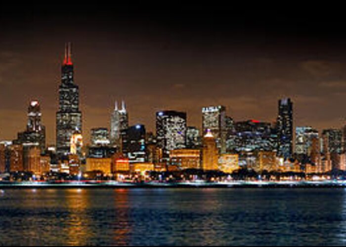 Chicago Skyline At Night Extra Wide Panorama Greeting Card