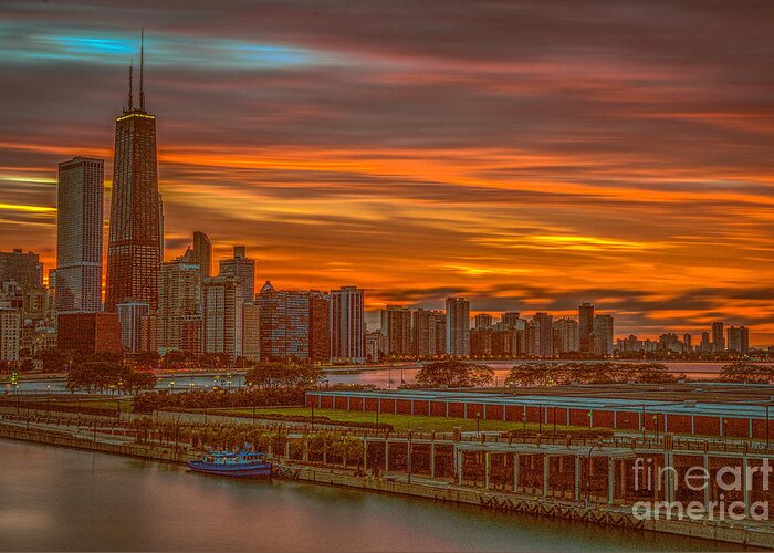 Chicago Greeting Card featuring the photograph Chicago skyline at sunset by Izet Kapetanovic