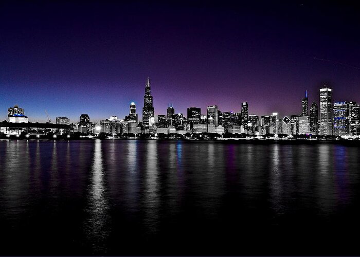 Architecture Greeting Card featuring the photograph Chicago Skyline BnW with blue-purple by Richard Zentner