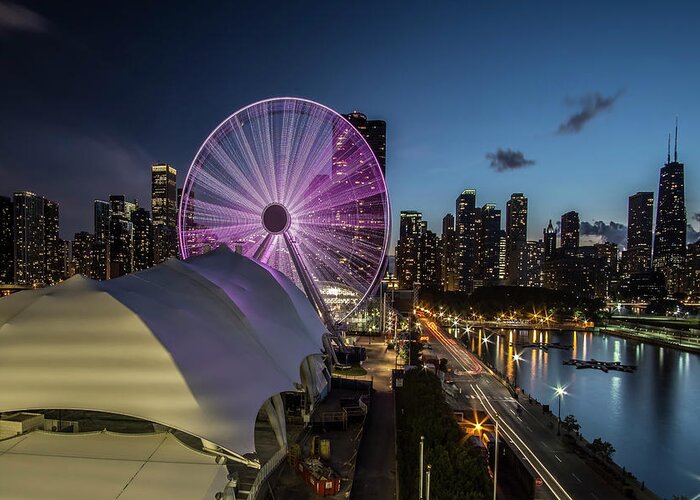 Navy Pier Greeting Card featuring the photograph Chicago Skyline with new ferris wheel at dusk by Sven Brogren