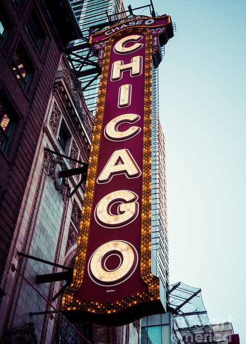 America Greeting Card featuring the photograph Chicago Theatre Marquee Sign Vintage by Paul Velgos