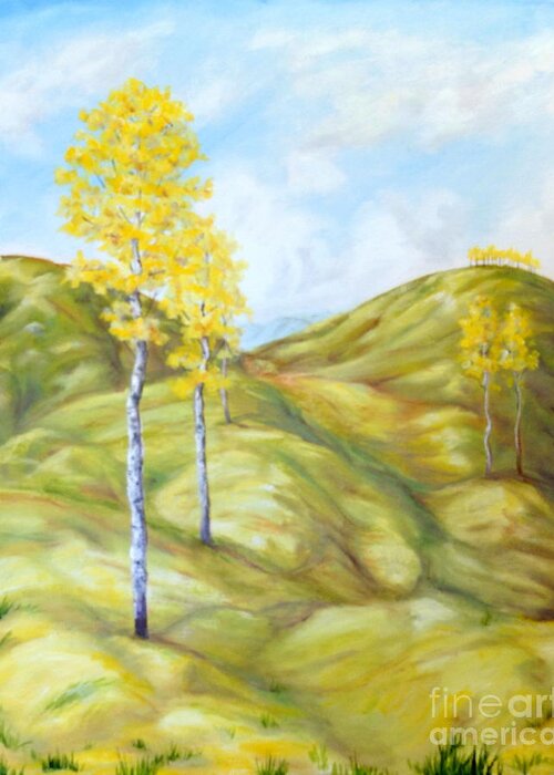 Hills Trees Poplar Leaves Yellow Brown Orange Blue White Grey Violet Green Light Shadow Clouds Sky Landscape Mountains Bark Branches Grass Ground Greeting Card featuring the painting Chilcotin View by Ida Eriksen