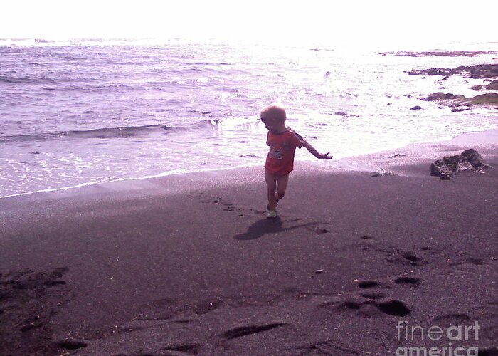 Black Sands Greeting Card featuring the photograph Child Running Black Sands by Sacred Muse