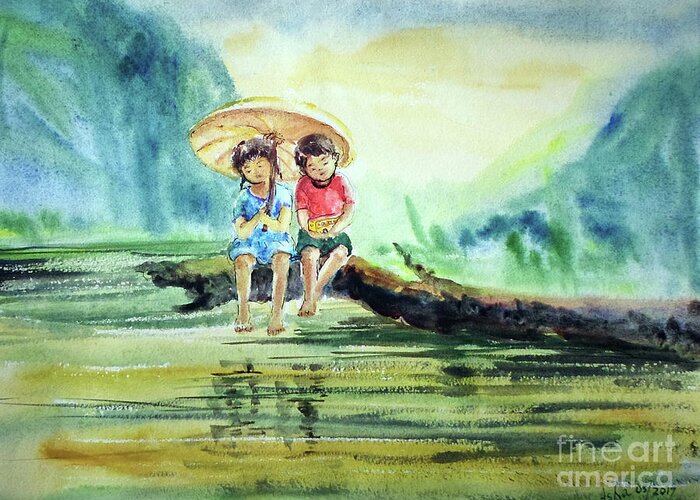 Childhood Greeting Card featuring the painting Childhood Joys by Asha Sudhaker Shenoy