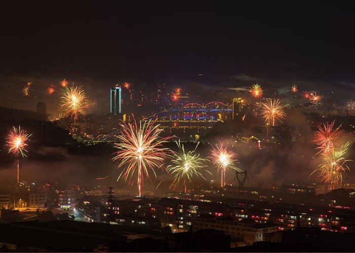 Fireworks Greeting Card featuring the photograph Chinese New Year Fireworks 2018 I by William Dickman