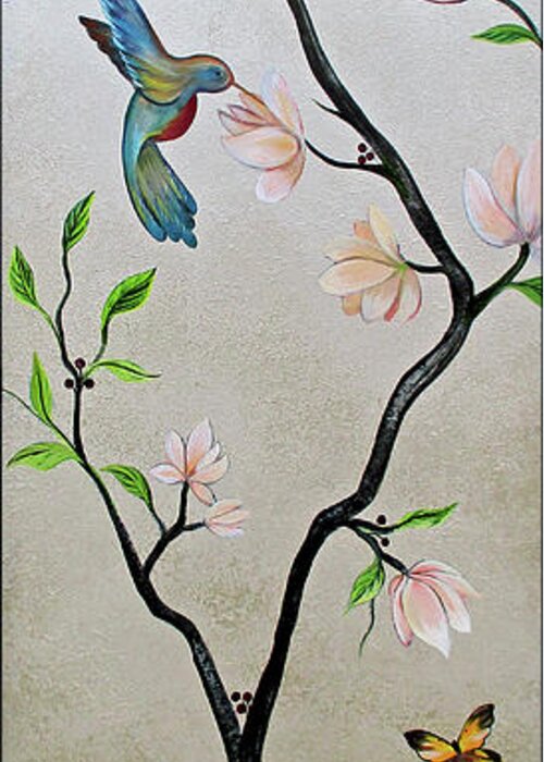 Peacock Peacocks Bird Birds Pattern Patterns Flowers Pink Green Leaf Leafy Leaves Vine Vines Ivy Plant Plants Fabric Fabrics Design Chinoiserie Panels Groupings Pheasant Flower Magnolia Golden Pheasant Butterfly Transitional Cardinal Red Bird Blue Bird Jay Peach Green Humming Bird And Blue Jay Greeting Card featuring the painting Chinoiserie - Magnolias and Birds #5 by Shadia Derbyshire