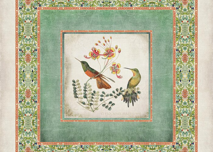 Chinese Ornamental Paper Greeting Card featuring the digital art Chinoiserie Vintage Hummingbirds n Flowers 1 by Audrey Jeanne Roberts