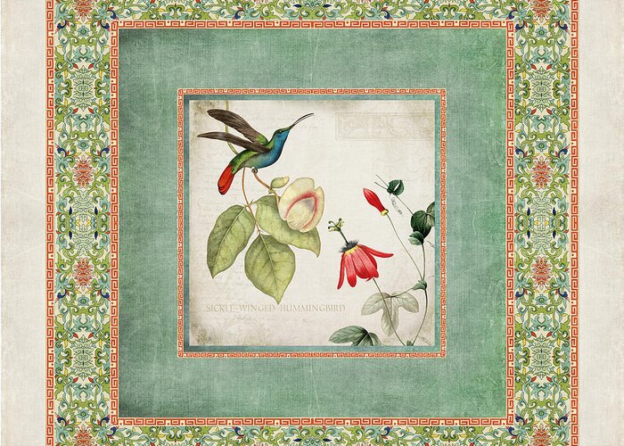 Chinese Ornamental Paper Greeting Card featuring the digital art Chinoiserie Vintage Hummingbirds n Flowers 2 by Audrey Jeanne Roberts