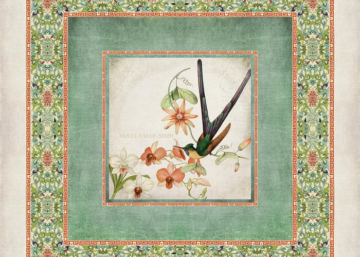 Chinese Ornamental Paper Greeting Card featuring the digital art Chinoiserie Vintage Hummingbirds n Flowers 3 by Audrey Jeanne Roberts