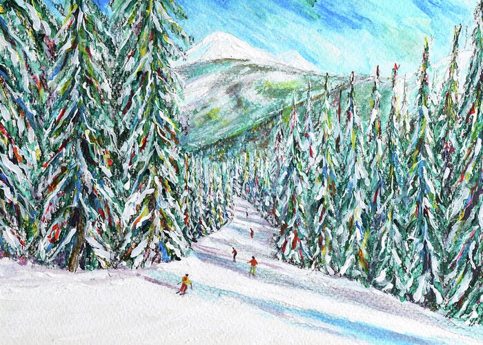 Morzine Greeting Card featuring the painting Choucas Piste Morzine. Do Not Enlarge Too Much by Pete Caswell