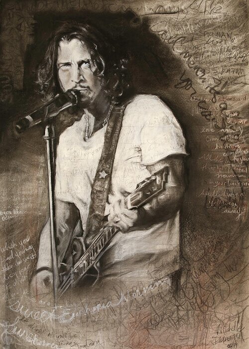 Chris Cornell Greeting Card featuring the drawing Chris Cornell tribute with lyrics by Michelle Flanagan