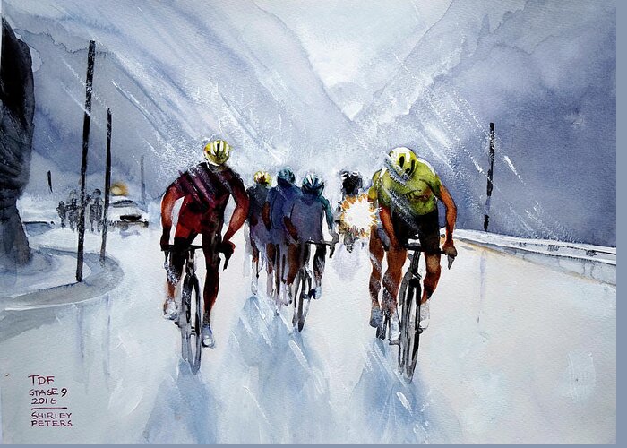 My Name On Ebay Is Sannpet. 24cm X 32cm Watercolour Greeting Card featuring the painting Chris Froome and Others in Rain and Ice by Shirley Peters