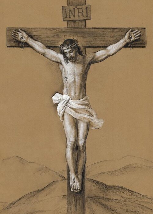 Christ Crucified Greeting Card featuring the drawing Christ Crucified by Svitozar Nenyuk