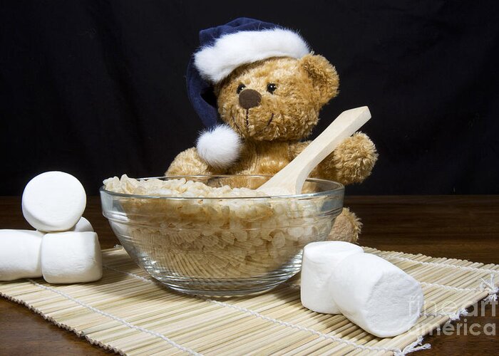 Puffed Rice Cereal Greeting Card featuring the photograph Christmas Bear Making Puffed Rice Treats by Karen Foley