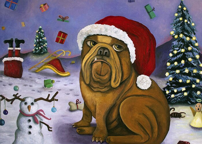 Santa Greeting Card featuring the painting Christmas Crash by Leah Saulnier The Painting Maniac
