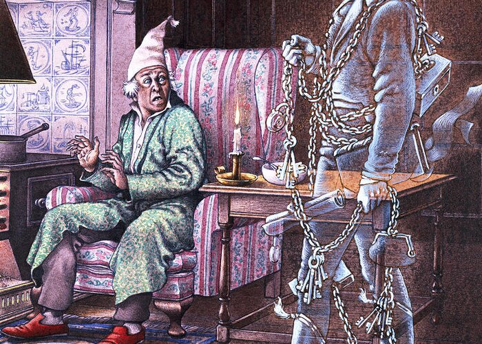 Scrooge Greeting Card featuring the painting Christmas Ghost by Pat Nicolle