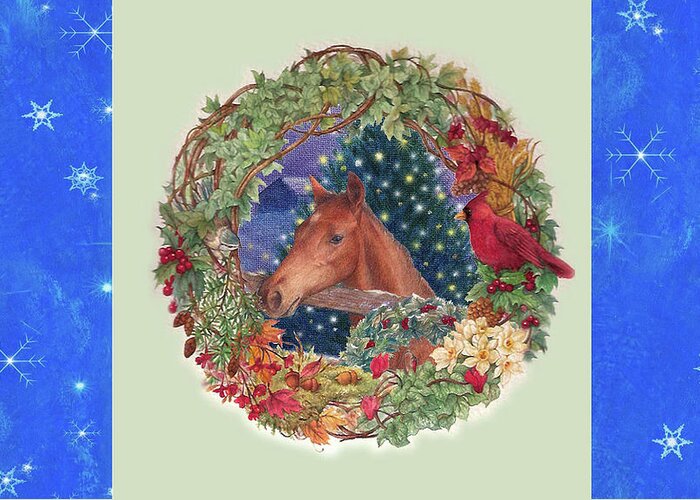 Equestrian Art Greeting Card featuring the painting Christmas horse and Holiday wreath by Judith Cheng