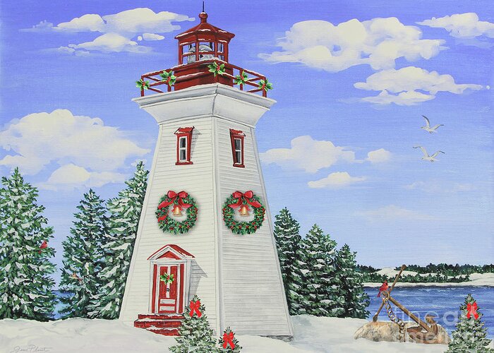 Lighthouse Greeting Card featuring the painting Christmas Lighthouse-JP3901 by Jean Plout