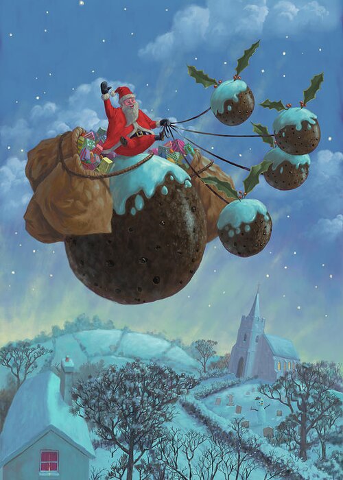 Christmas Greeting Card featuring the painting Christmas Pudding Santa Ride by Martin Davey