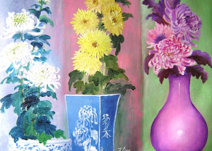 Flora Greeting Card featuring the painting Chrysanthemums Trio by Lian Zhen