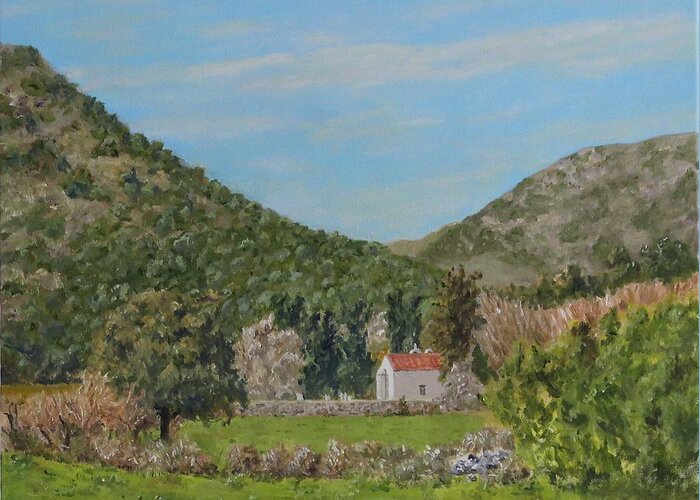 Landscape Greeting Card featuring the painting Church at Gonias, Askyfou Plateau, Crete by David Capon