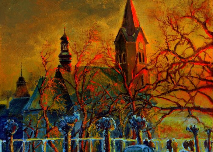 Henryk Greeting Card featuring the painting Church Winter Sunset by Henryk Gorecki
