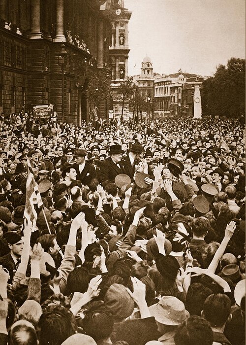 Churchill Greeting Card featuring the photograph Churchill mobbed in Whitehall on VE Day by English School
