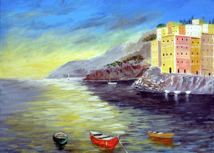 Cinque Terre Greeting Card featuring the painting Cinque Terre Dreams by Larry Cirigliano