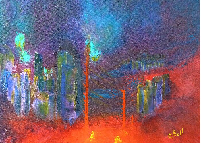 City Greeting Card featuring the painting City Abstract Red by Claire Bull