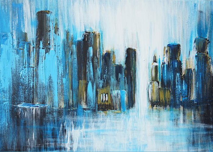 Acrylic Greeting Card featuring the painting City Blues by Theresa Marie Johnson