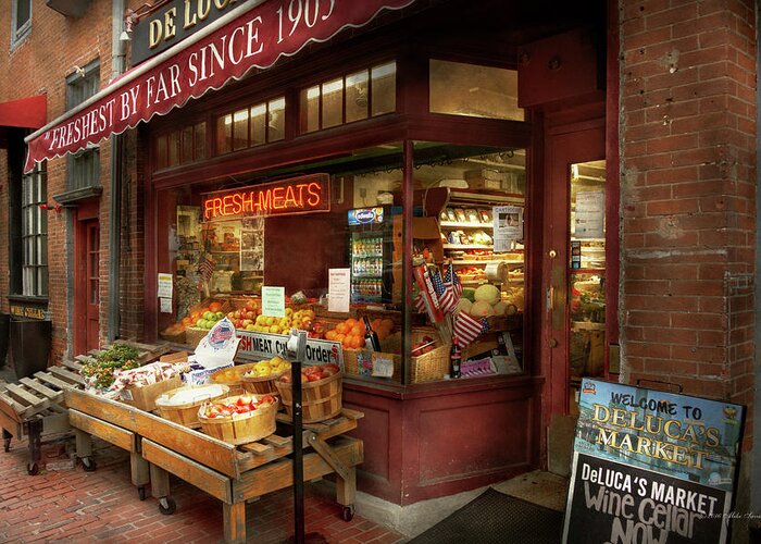 Boston Greeting Card featuring the photograph City - Boston Ma - Fresh meats and Fruit by Mike Savad