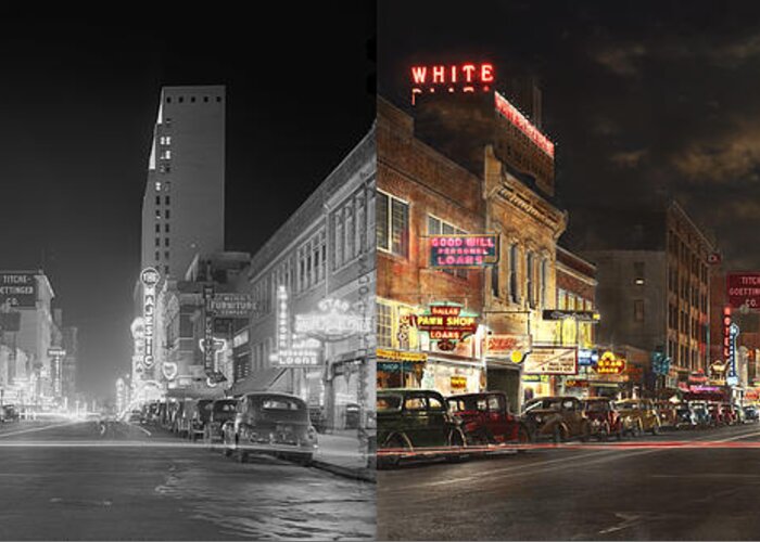 Color Greeting Card featuring the photograph City - Dallas TX - Elm street at night 1941 - Side by Side by Mike Savad