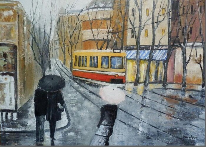 Girls Greeting Card featuring the painting City in rain by Maria Karalyos