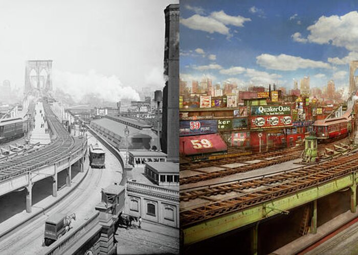 Color Greeting Card featuring the photograph City - New York - The Brooklyn bridge from 1903 - Side by Side by Mike Savad
