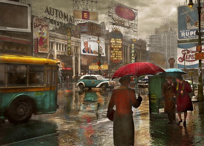 New York Greeting Card featuring the photograph City - NY - Times Square on a rainy day 1943 by Mike Savad