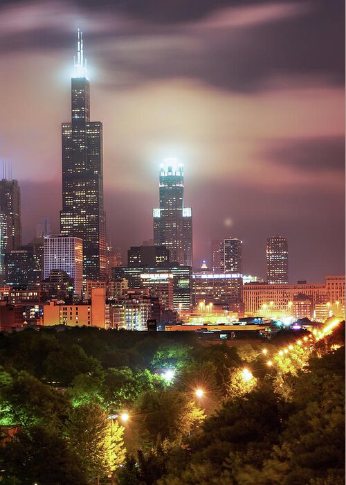 America Greeting Card featuring the photograph City of Chicago Skyline Over the Trees by Gregory Ballos