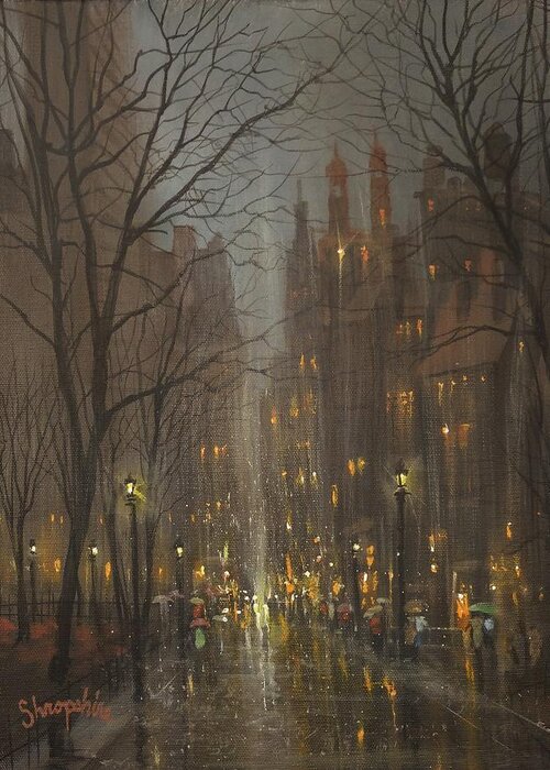 City Rain Greeting Card featuring the painting City Park by Tom Shropshire