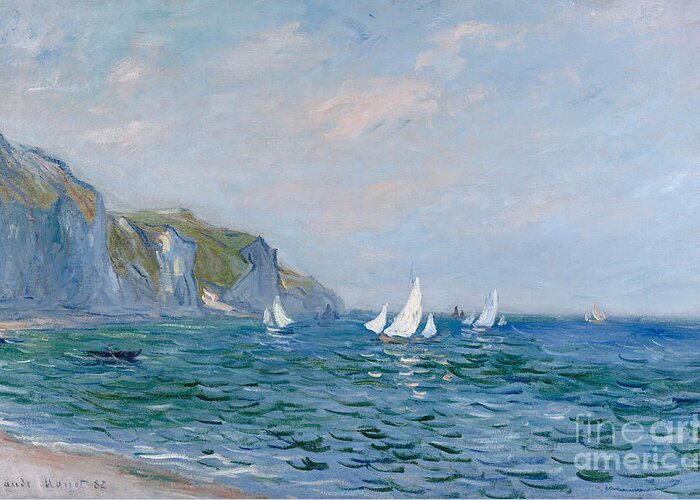 Cliffs And Sailboats At Pourville Greeting Card featuring the painting Cliffs and Sailboats at Pourville by Claude Monet