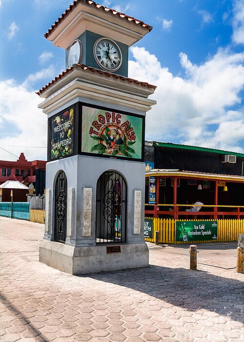 Ambergris Caye Greeting Card featuring the photograph Clock Tower by Lawrence Burry