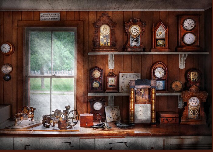 Clockmaker Greeting Card featuring the photograph Clocksmith - In the Clock Repair Shop by Mike Savad