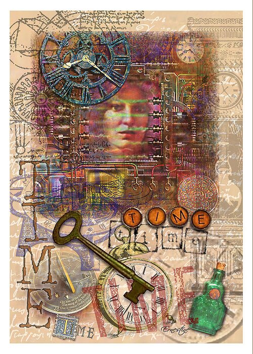 Collage Greeting Card featuring the mixed media Clockworks by ErnestineGrindal SaraClarke