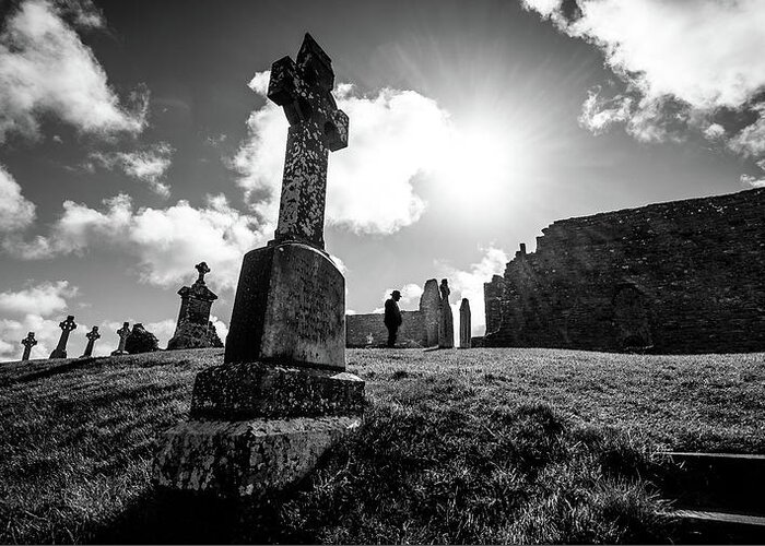 Black And White Greeting Card featuring the photograph Clonmacnoise monastery - Ireland - Black and white street photography by Giuseppe Milo