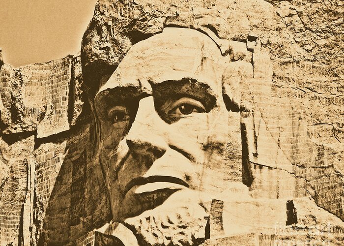 Mount Rushmore Greeting Card featuring the photograph Close Up of President Abraham Lincoln on Mount Rushmore South Dakota Rustic Digital Art by Shawn O'Brien