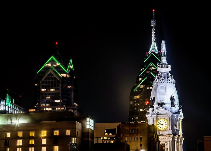 #philadelphia #phillyskyline #cityhall Greeting Card featuring the photograph Closeup of City Hall Philadelphia by Richard Dorr