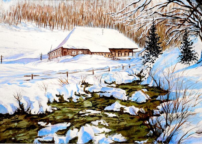 Winter Greeting Card featuring the painting Clubhouse in Winter by Sher Nasser