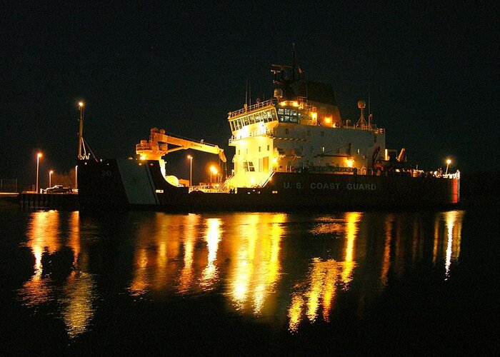 Coast Guard Cutter Greeting Card featuring the photograph Coast Guard Cutter Mackinaw at night by Keith Stokes