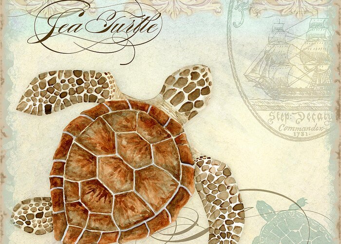 Watercolor Greeting Card featuring the painting Coastal Waterways - Green Sea Turtle 2 by Audrey Jeanne Roberts
