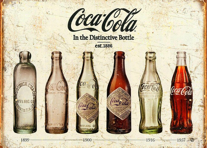 Coca-cola Greeting Card featuring the painting Coca-Cola Bottle Evolution Vintage Sign by Tony Rubino